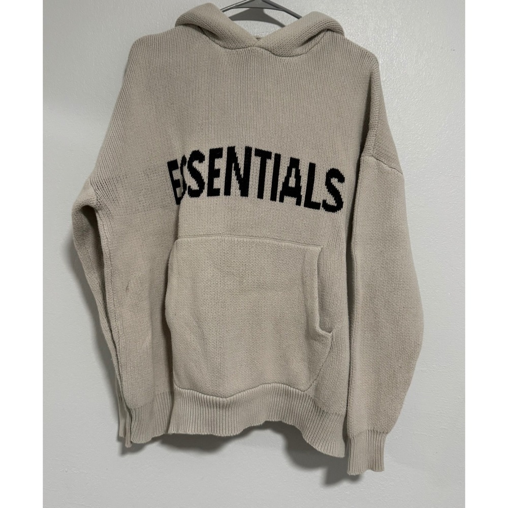 Fear of God Essentials Knit Hoodie Mens M‎ Oatmeal Good Logo Pullover Sweater